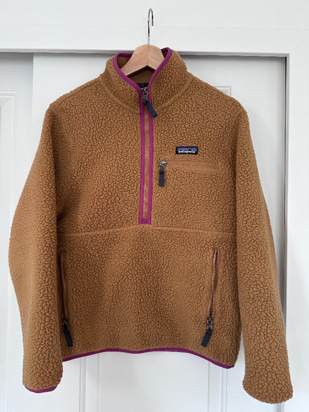 Patagonia Tan Sherpa Retro Pile Pullover with Berry Trim
